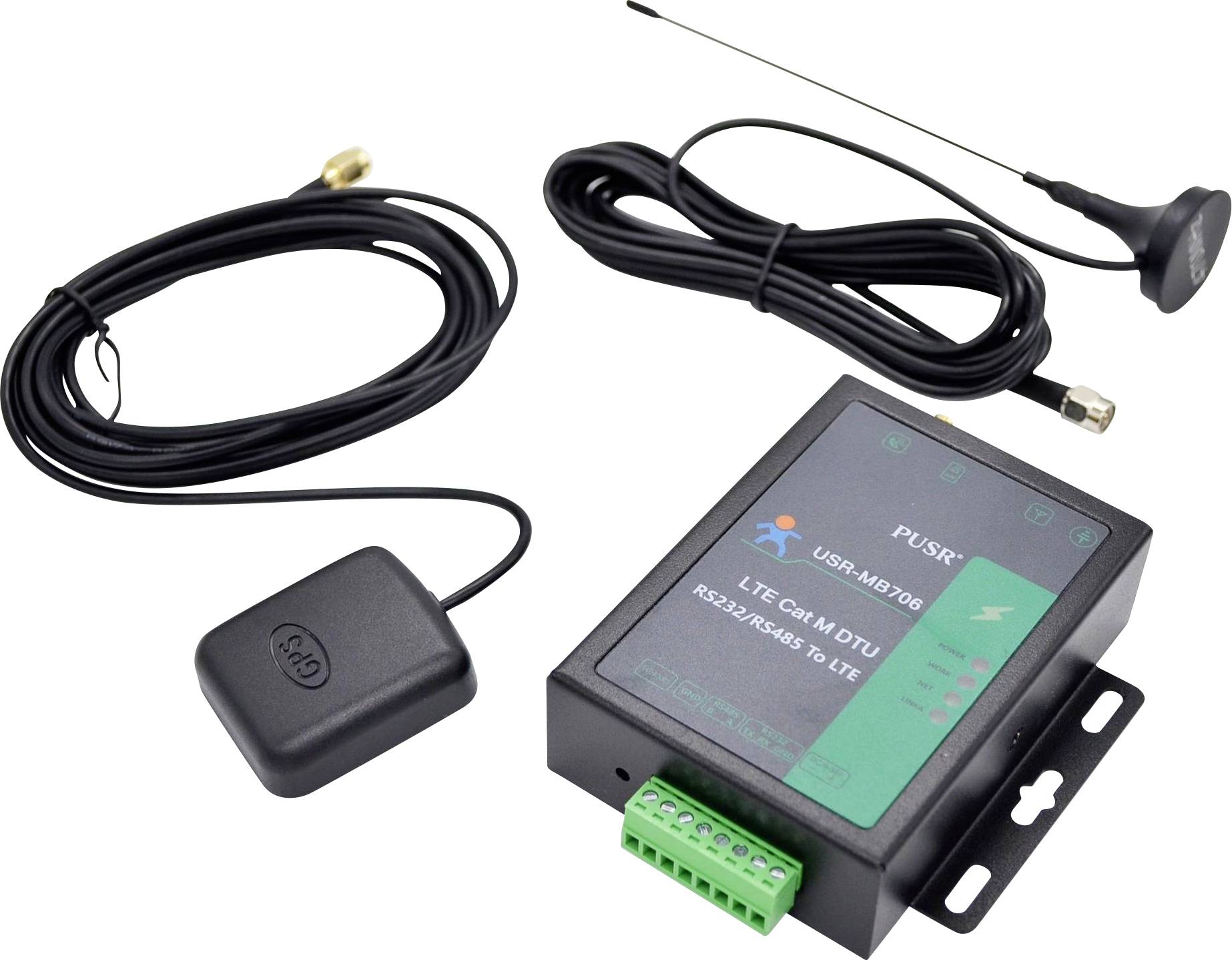 Un module PUSR LTE CAT M avec un câble noir et une antenne, adapté pour améliorer la connectivité réseau mobile dans les appareils électroniques.