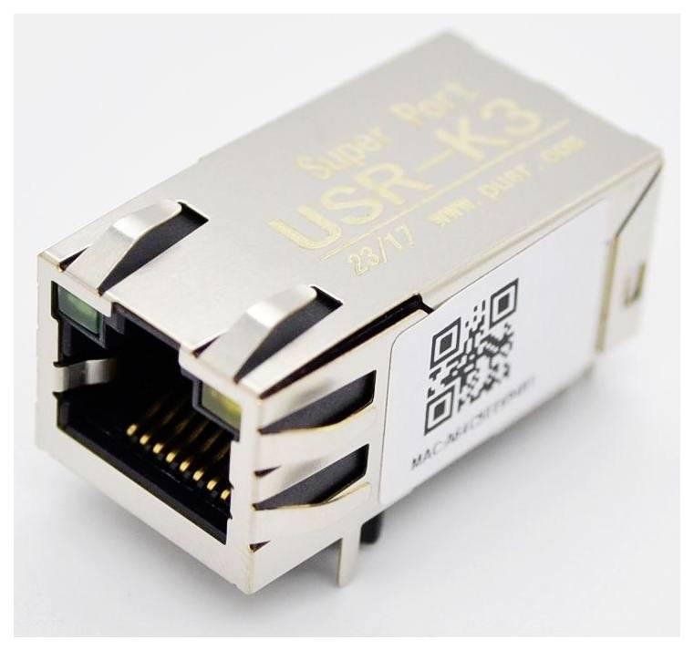 Ethernet port labeled USR-K3 with QR code and website link, metallic casing with visible pins inside the port.