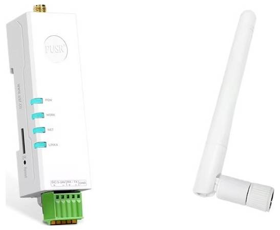 A white IoT modem module with blue indicator lights and connection ports next to a detachable antenna on a white background.
