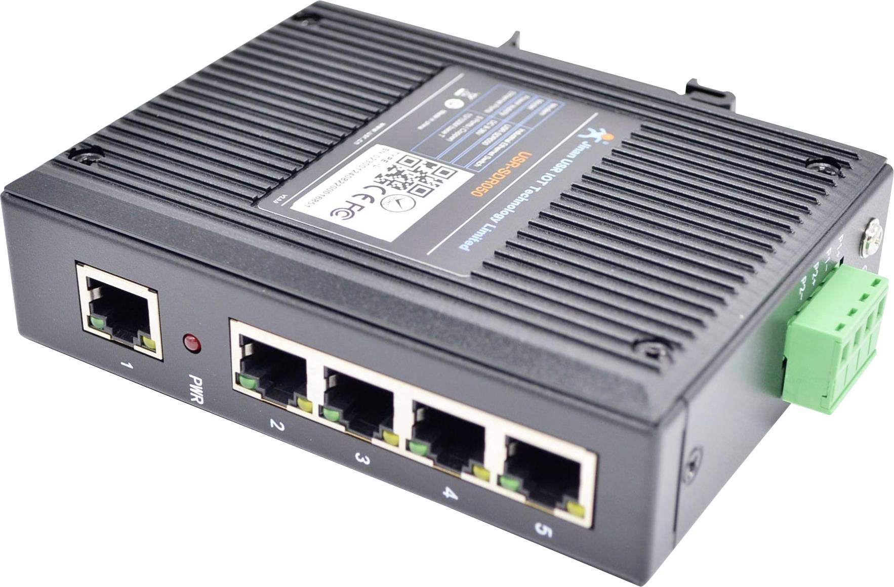 Un commutateur réseau noir avec cinq ports Ethernet, numérotés de 1 à 5, et des indicateurs LED. Un bloc de bornes vert est connecté sur le côté droit.