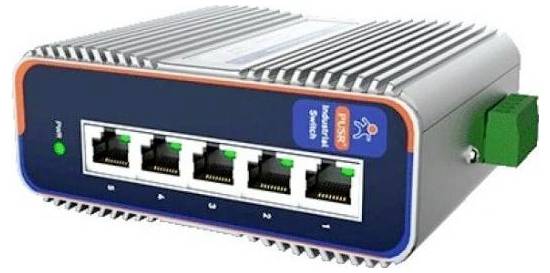 A network switch with five Ethernet ports labeled 0 to 4. It has LED indicators and a green fiber optic connector on the side.