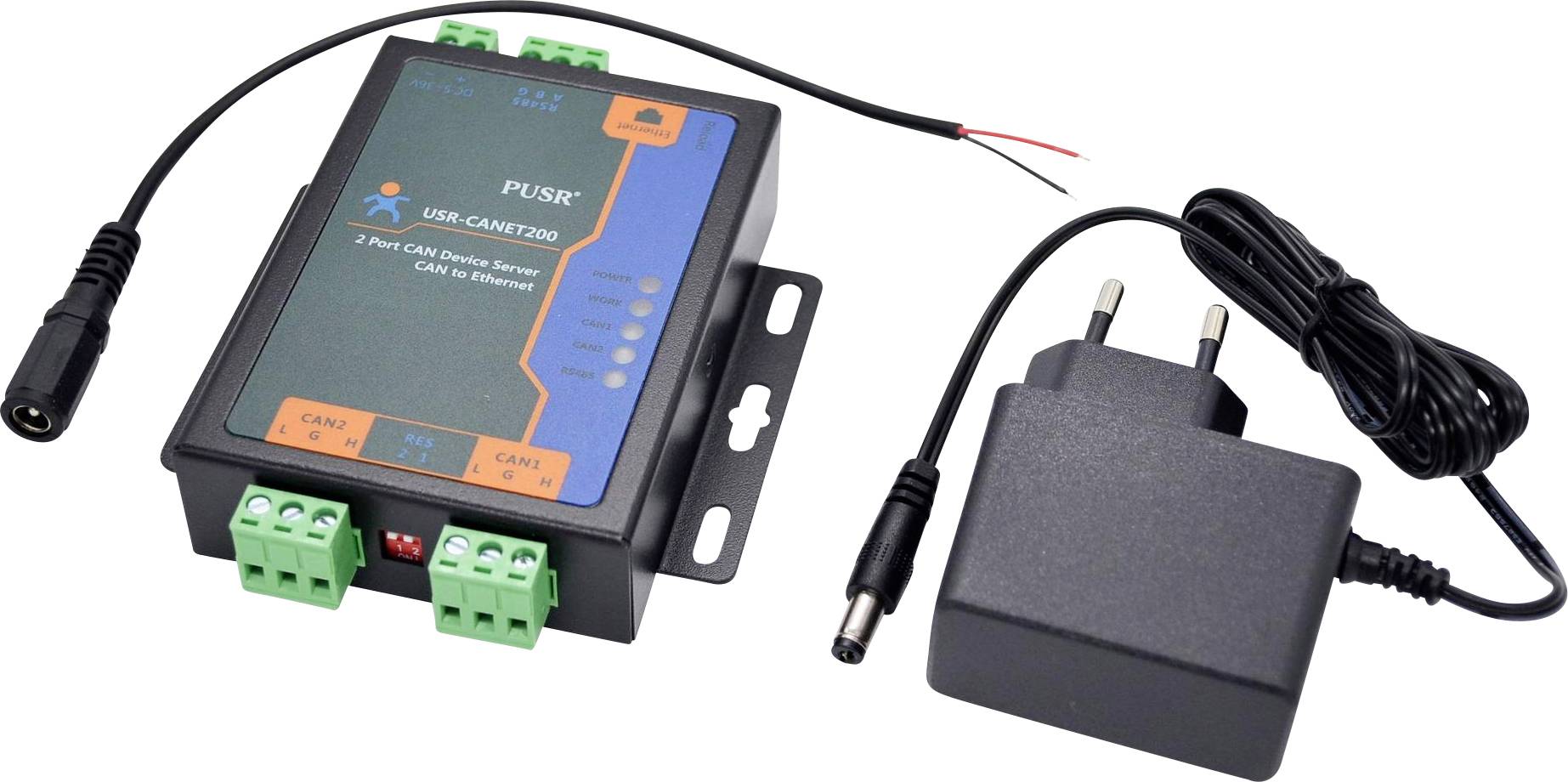 Un serveur de dispositifs USB-CANET2000 avec câbles et un adaptateur CA, utilisé pour connecter des dispositifs CAN sur un réseau.