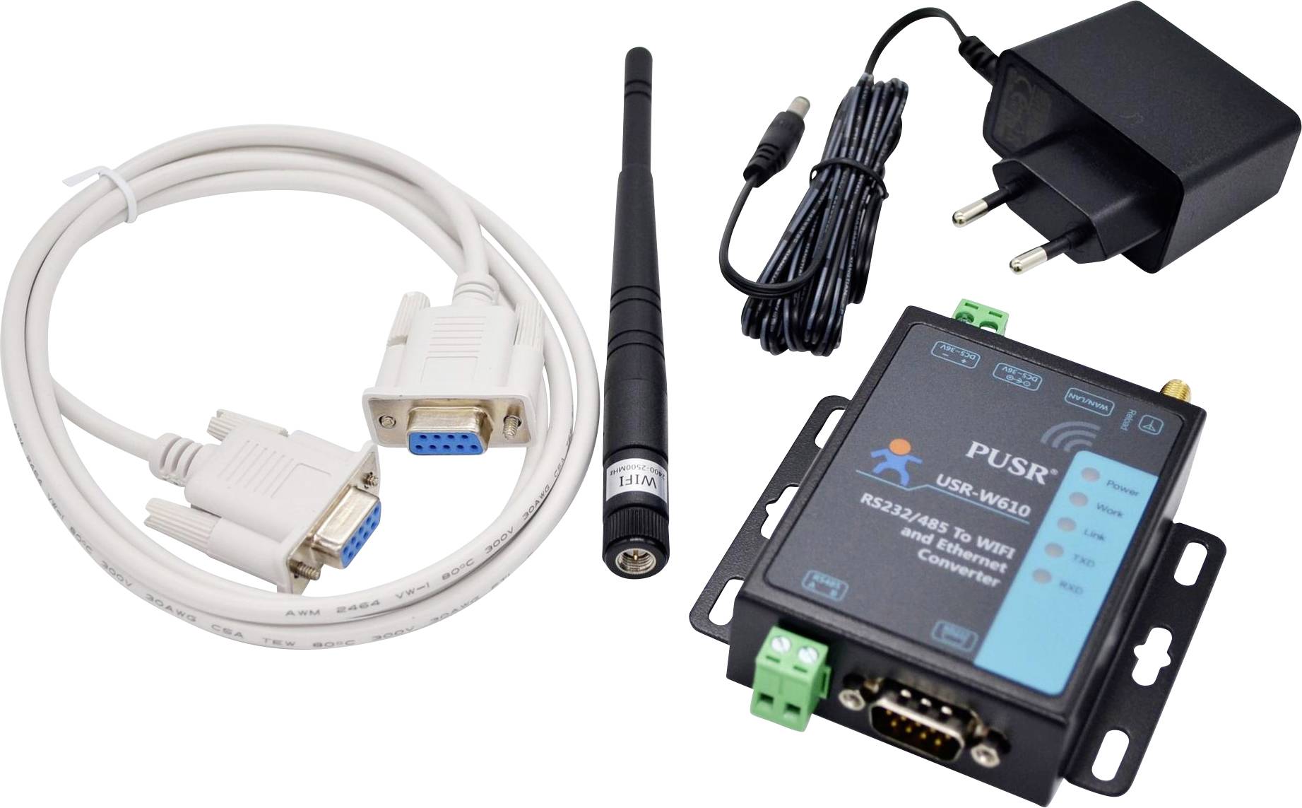 Kit de convertisseur sans fil avec convertisseur RS232 vers WiFi, adaptateur d'alimentation, antenne et câble. Utilisé pour connecter les appareils série aux réseaux sans fil.