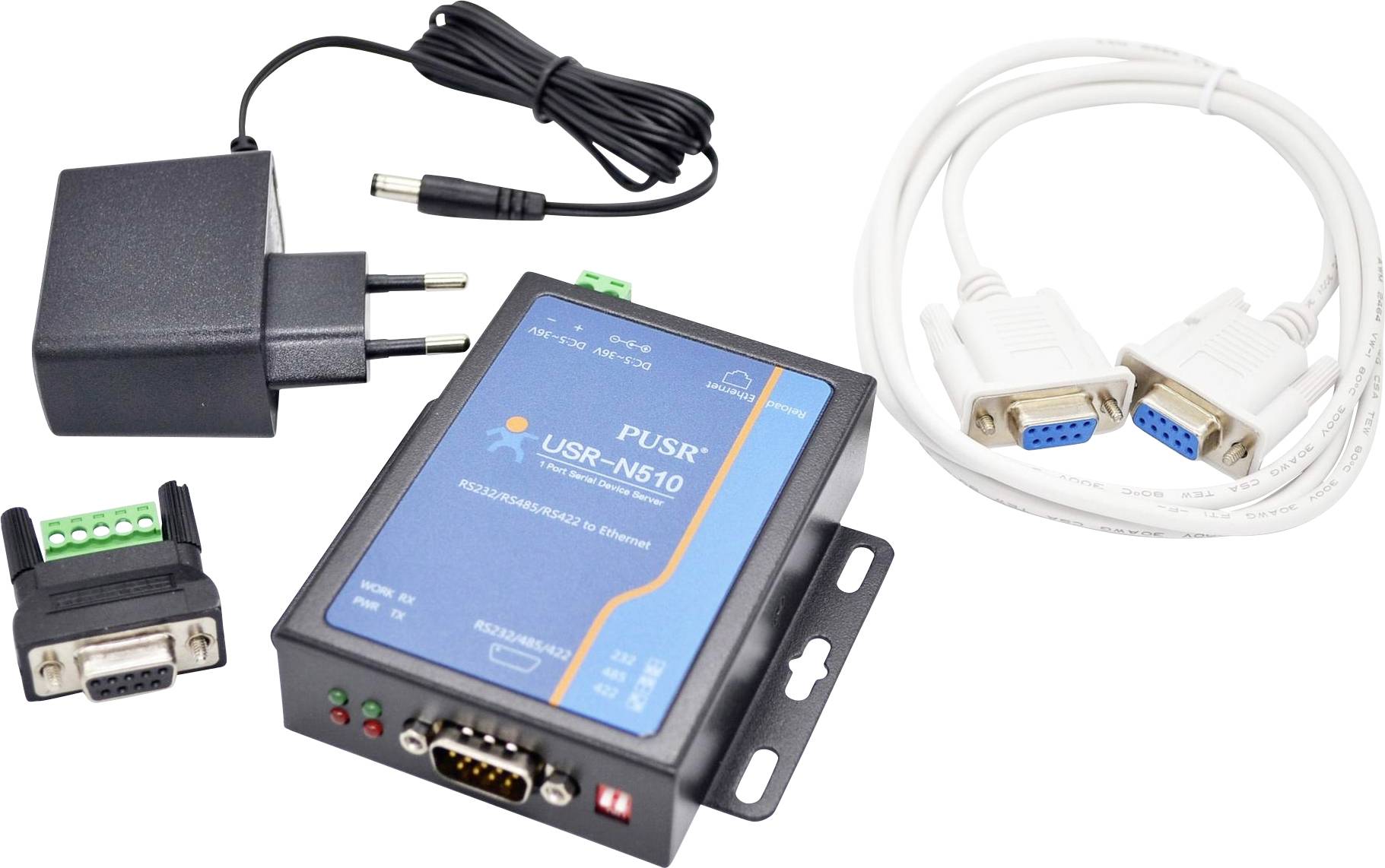Kit d'adaptateur réseau avec alimentation, câbles de communication et connecteurs destinés au transfert de données en série dans les environnements industriels.