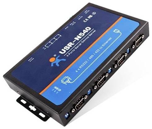 A multi-port serial device server with model 'USR-N540' featuring 4 RS232 ports, RS485, and Ethernet connectivity.
