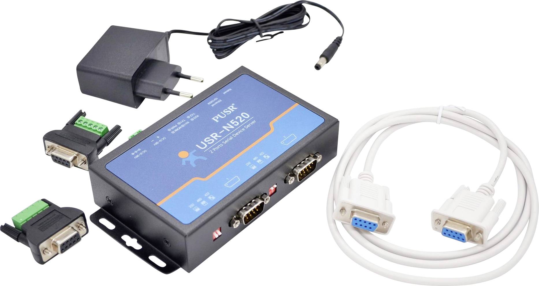 Appareil de réseau « USR-N510 » : Comprend un adaptateur secteur, un convertisseur série vers Ethernet et des câbles série pour la configuration de la communication de données.