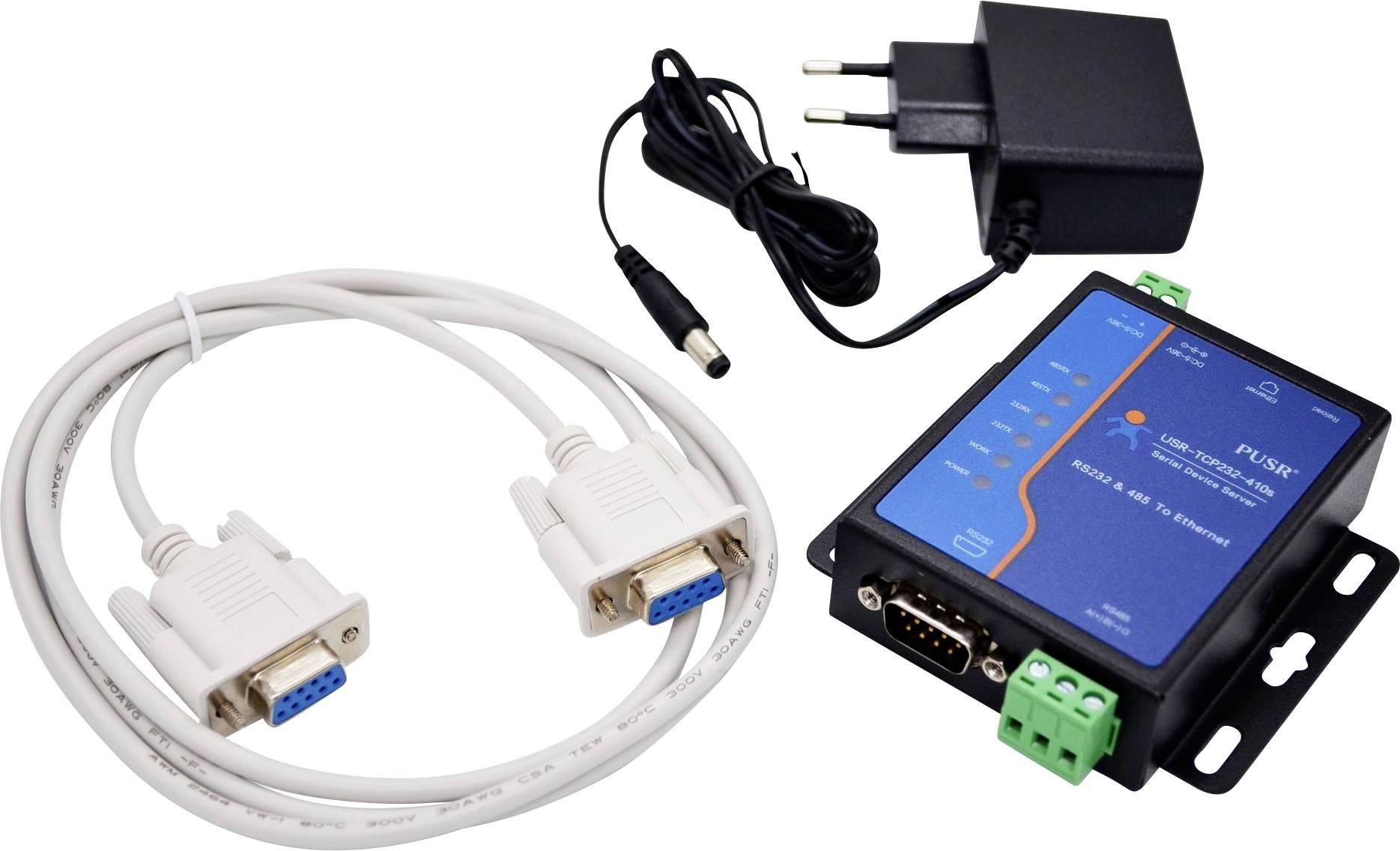 Un appareil d'interface réseau avec des voyants indicateurs, un adaptateur d'alimentation et des câbles de connexion série, utilisé pour la connectivité des modems et routeurs.