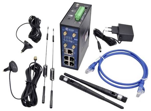Industrial cellular router with antennas, cables, and power adapter for connecting devices to networks.
