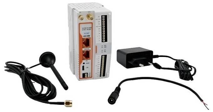 A communication device with two antennae, power adapter, and cables for connectivity and power supply, shown on a white background.