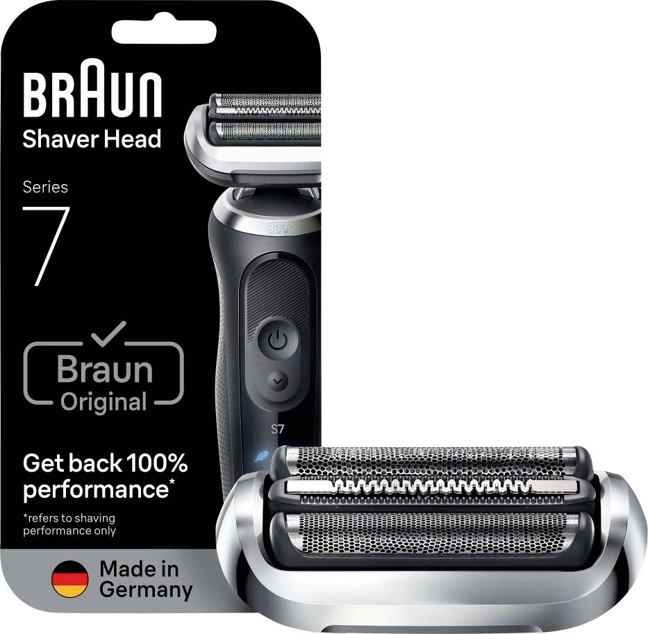 Emballage et produit « Tête de rasoir Braun Series 7 ». « Retrouvez 100 % de performance ». Fabriqué en Allemagne. Rasoir argenté et noir avec grille texturée.