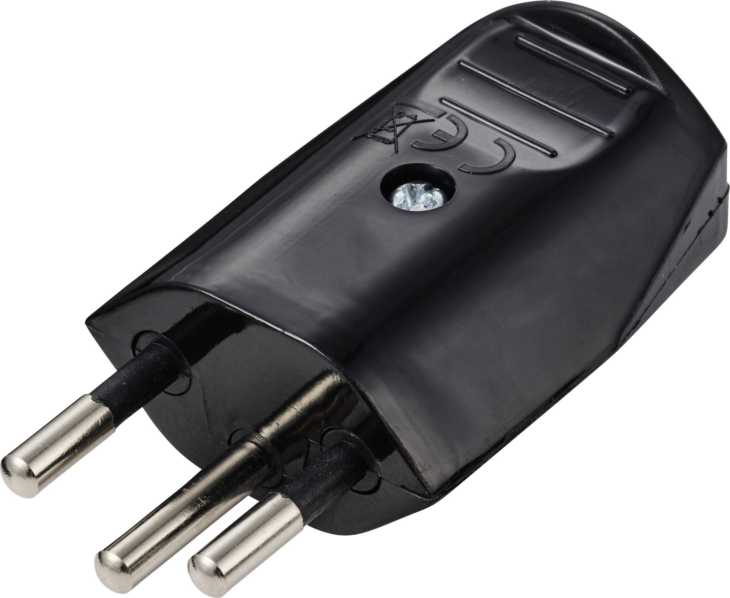 Adaptateur de prise électrique à trois broches noir sur fond blanc