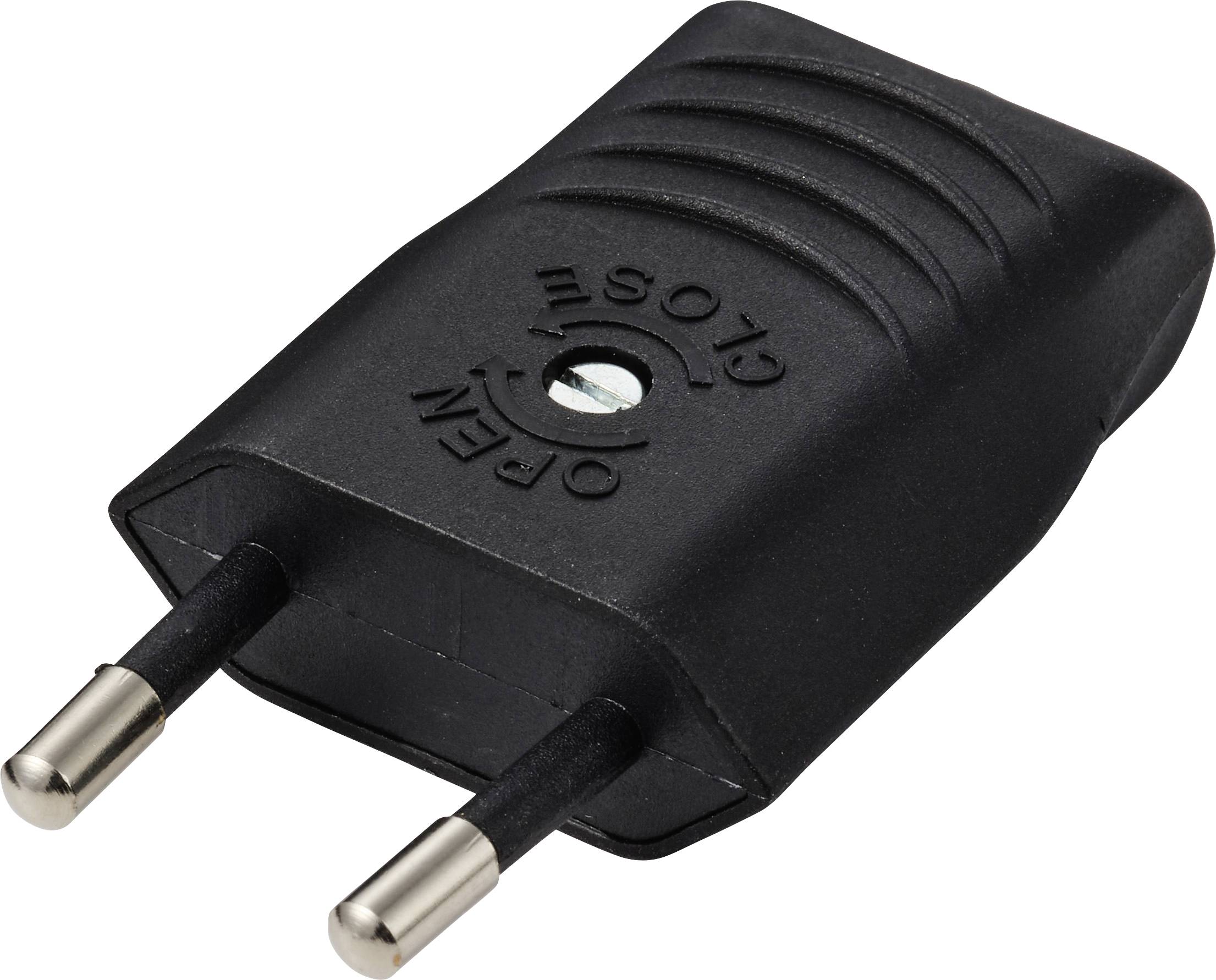 Gros plan d'un adaptateur de prise électrique noir à deux broches avec les inscriptions « OPEN » et « CLOSE » marquées sur le dessus.