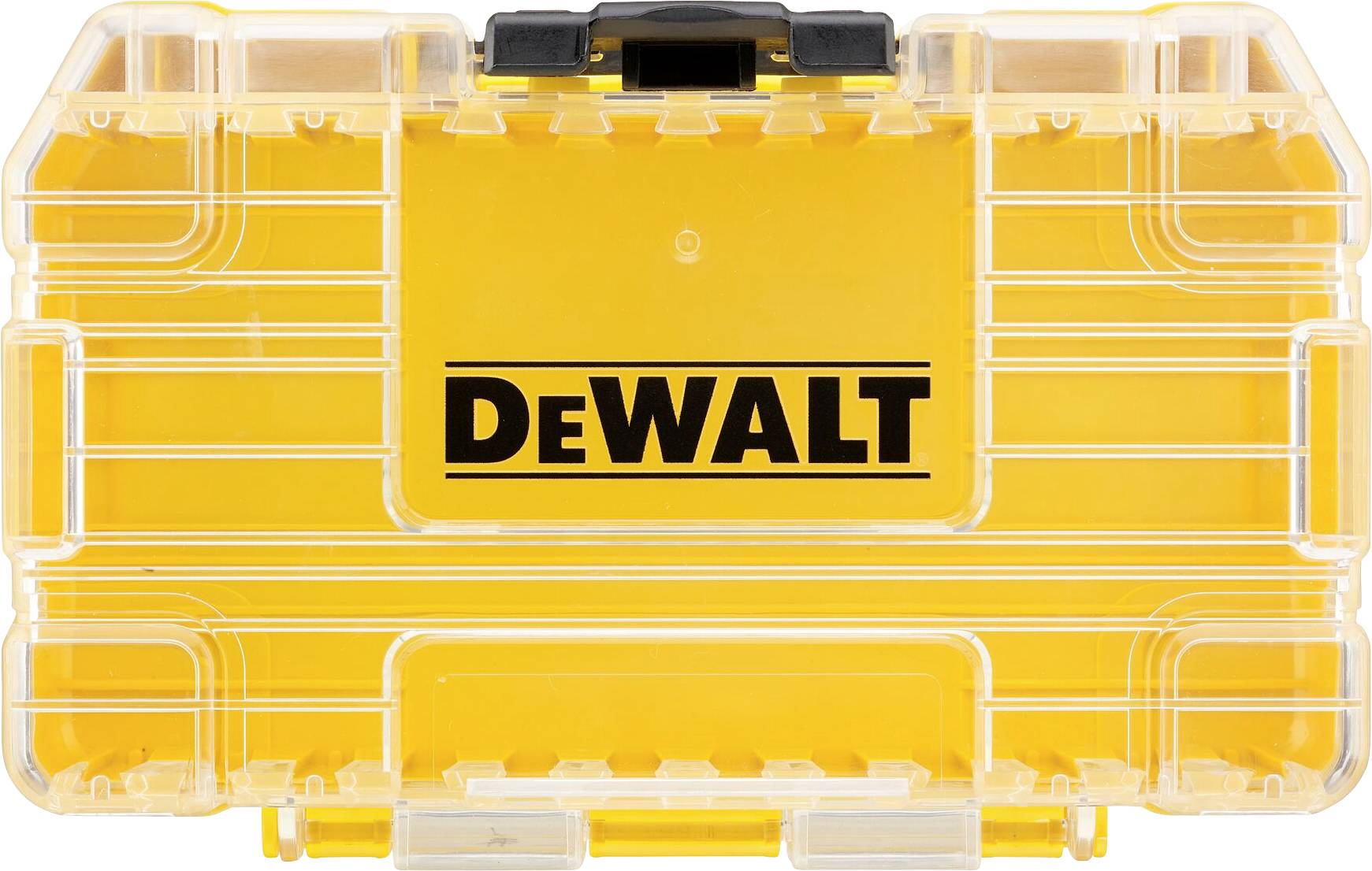 Un coffret à outils DeWALT jaune avec un couvercle transparent, fermé et vide, mettant en avant le logo de la marque bien en évidence au centre.