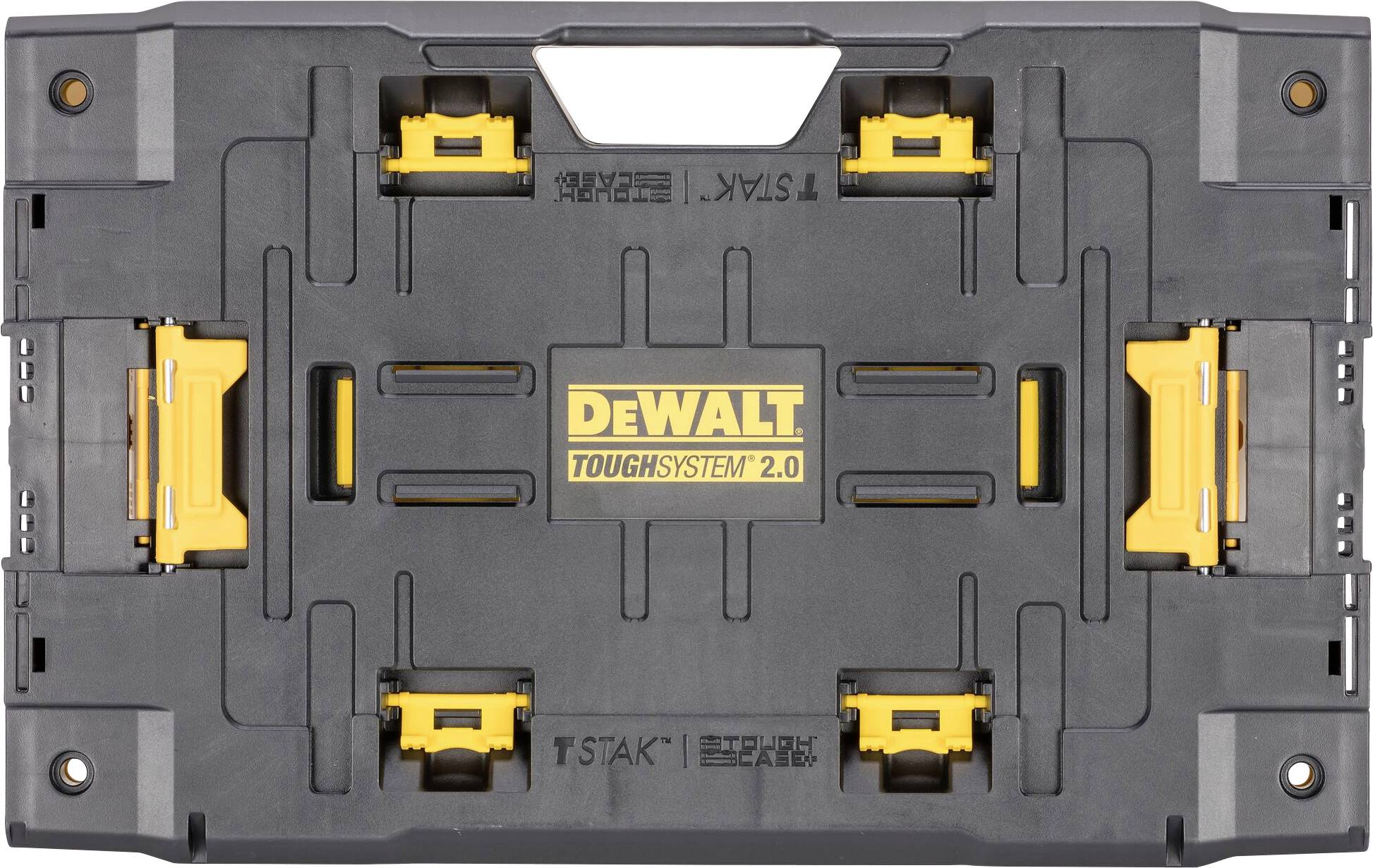 Boîte à outils DeWalt Toughsystem 2.0 noire et jaune avec plusieurs loquets, conçue pour le stockage sécurisé des outils et le transport.