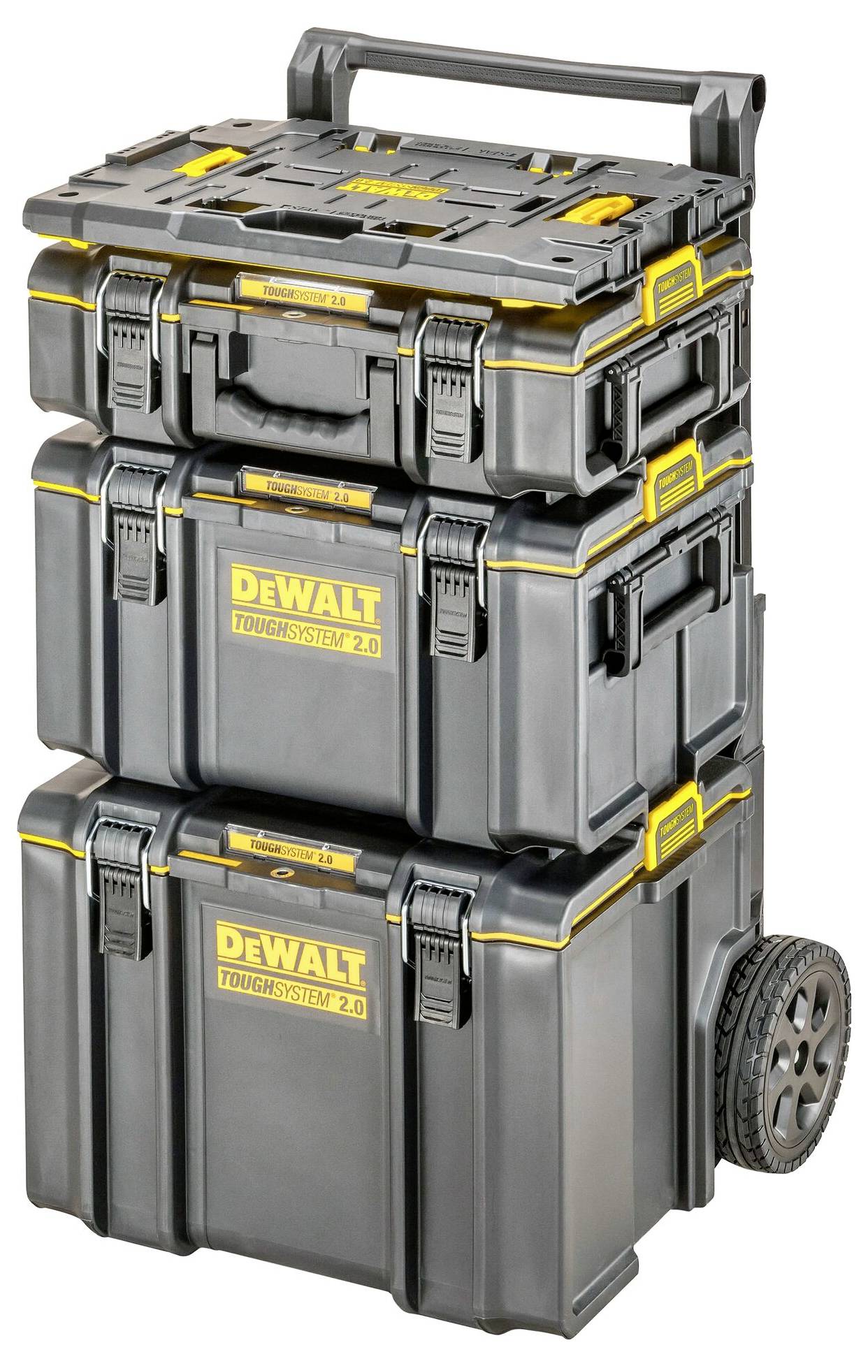 Trois boîtes à outils DeWalt noires empilées sur roulettes, étiquetées « TOUGH SYSTEM 2.0 », avec une poignée sur le dessus, conçues pour la portabilité et le rangement.