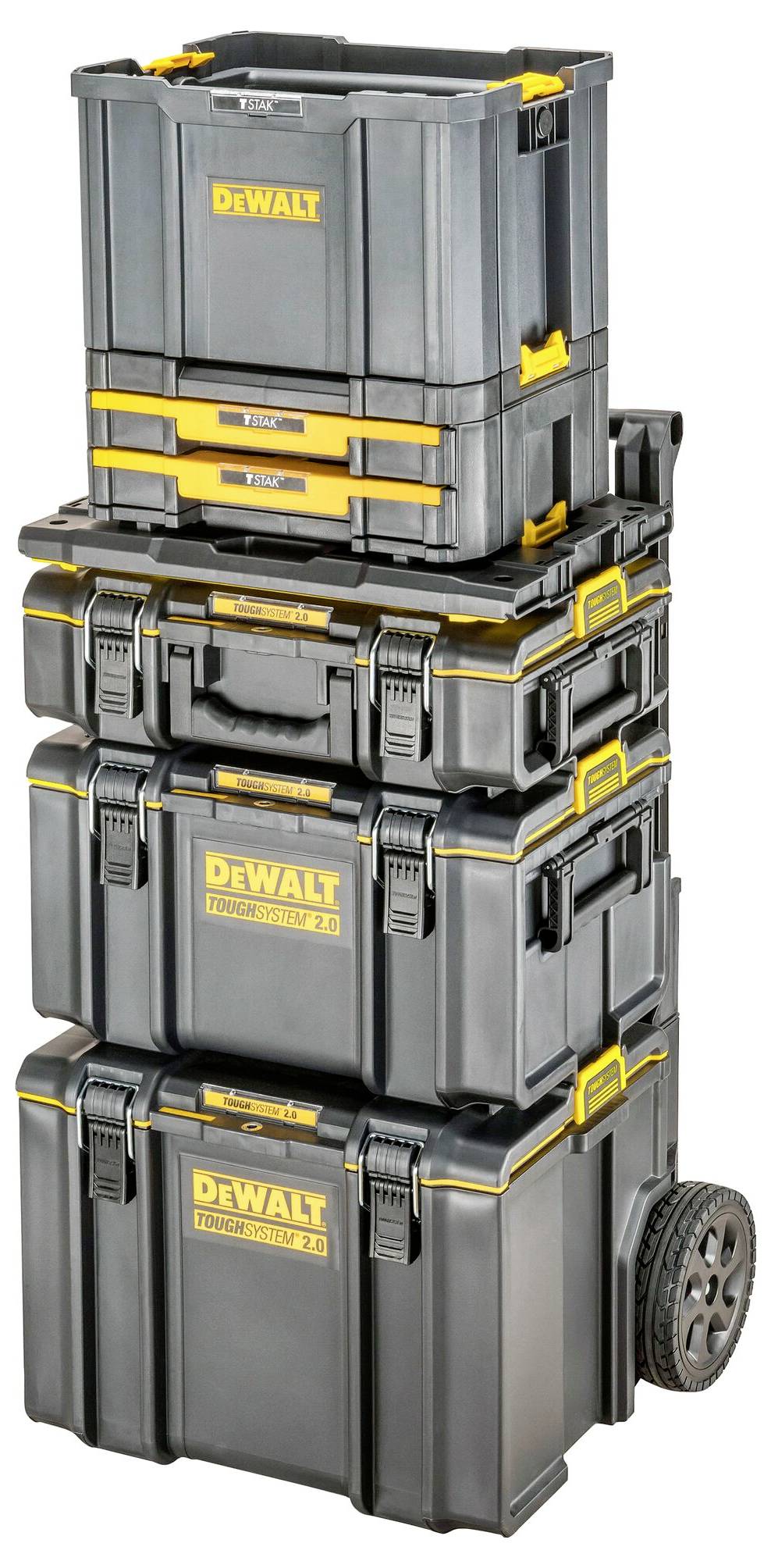 Une pile de quatre boîtes à outils DEWALT noires et jaunes sur un chariot à roulettes, de tailles variées, avec le logo DEWALT, conçue pour la mobilité.