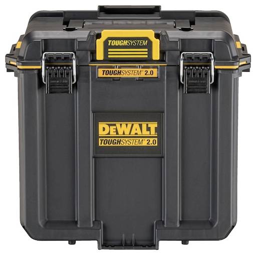 Boîte de rangement « ToughSystem 2.0 » par DeWalt, dotée d'un design noir durable avec des accents jaunes et des loquets sécurisés pour le rangement des outils.