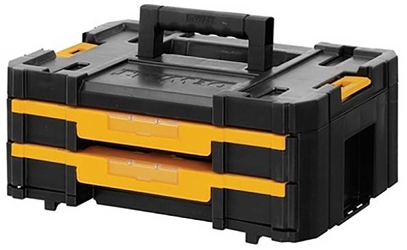 Une boîte à outils noire avec une poignée et deux tiroirs orange, conçue pour transporter et organiser les outils.