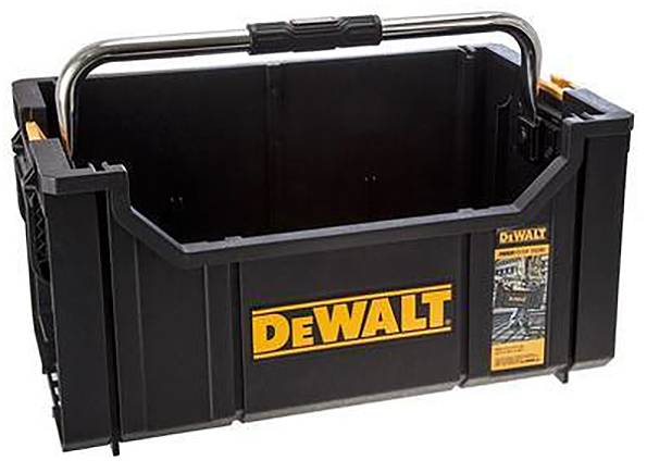 Une boîte à outils DeWalt noire et orange avec une poignée métallique, conçue pour stocker et transporter les outils.