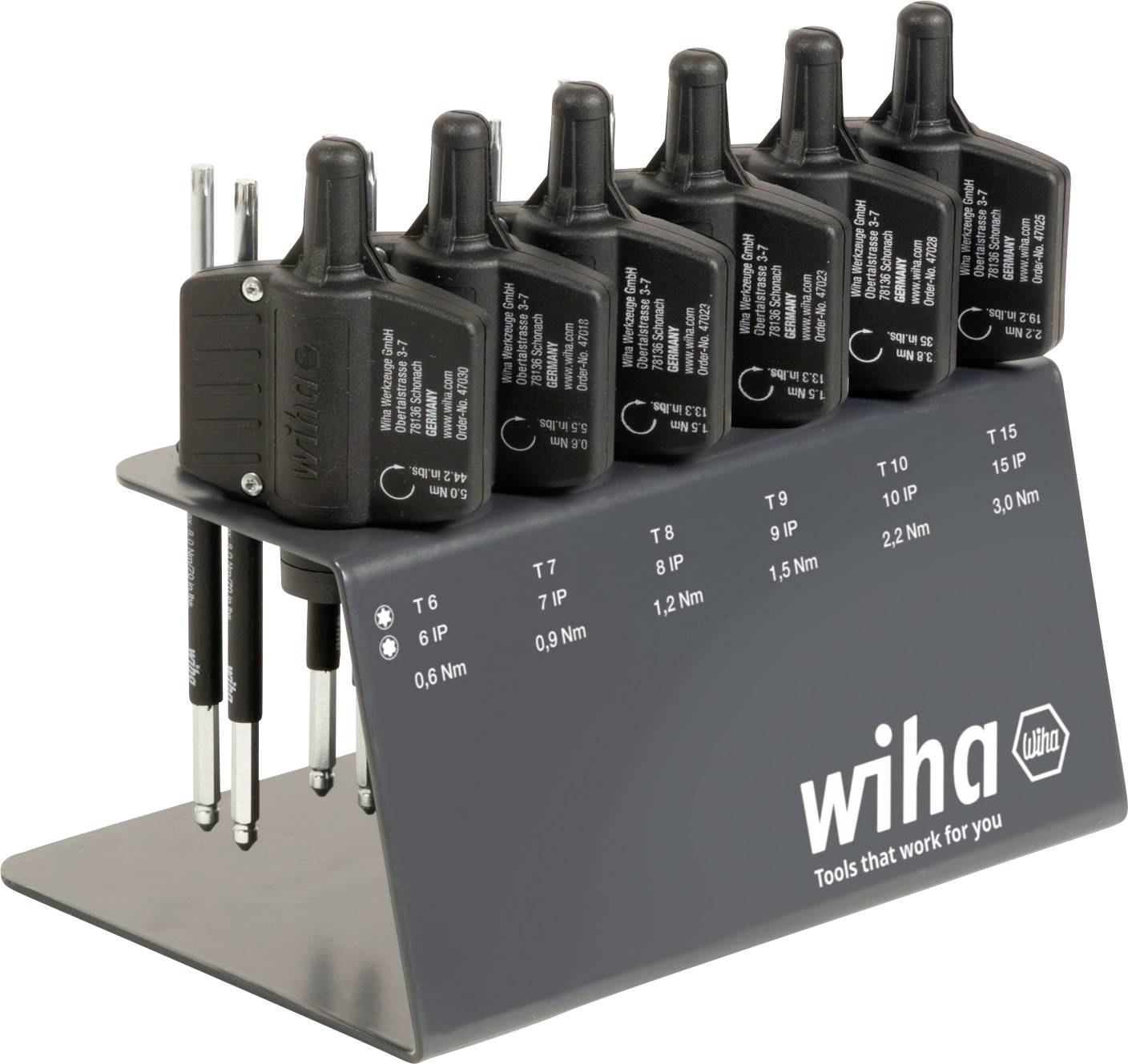 Ensemble de six tournevis de torsion noirs avec poignées étiquetées dans un support gris marqué « Wiha Tools that work for you ».
