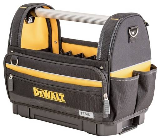 A black and yellow tool bag with an aluminum handle, multiple compartments, and external pockets, branded with 'DEWALT' on the front.