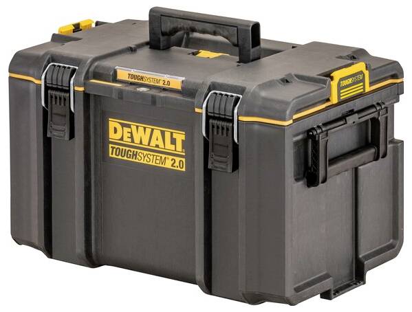 Boîte à outils noire et jaune « Dewalt ToughSystem 2.0 » dotée de loquets robustes et de poignées, conçue pour le rangement et le transport des outils.
