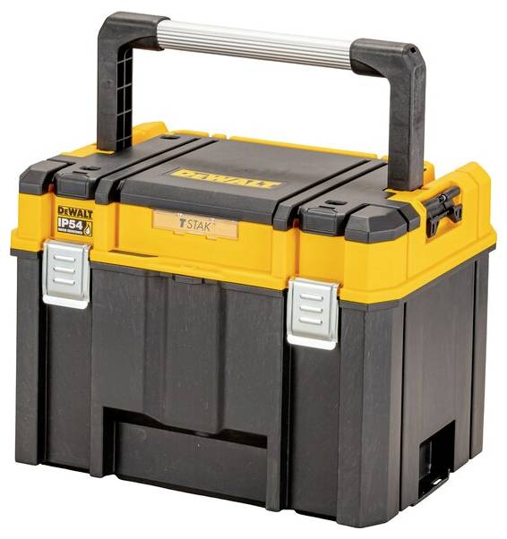 Une boîte à outils portable noire et jaune avec une poignée argentée, étiquetée « T STAK », dotée de fermoirs métalliques et d'une conception robuste.