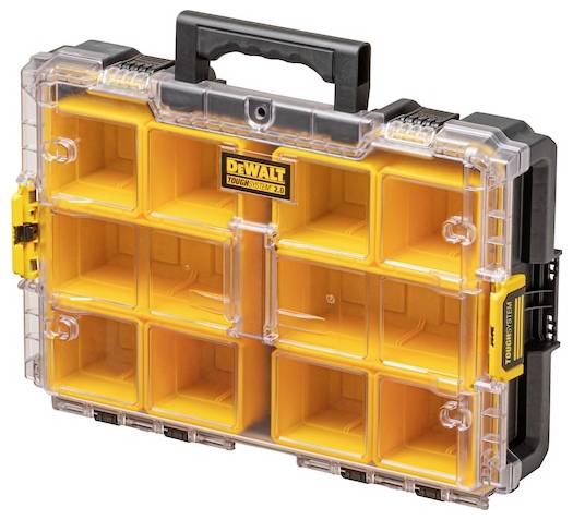 A yellow and black plastic toolbox with a transparent lid featuring the DeWalt logo, designed for organizing small tools or parts.