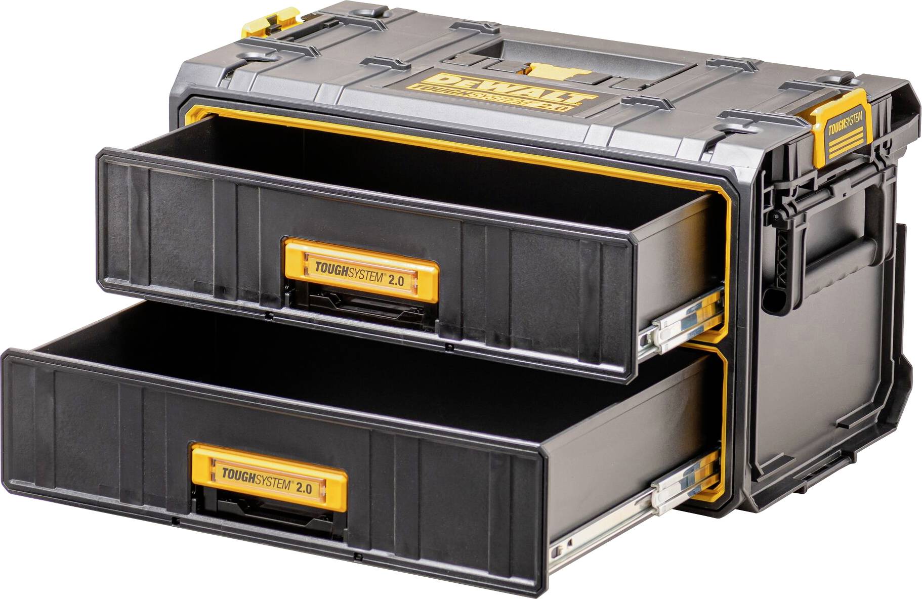 Boîte de rangement d'outils en plastique noir et jaune avec deux tiroirs ouverts, chacun étiqueté « ToughSystem 2.0 ».