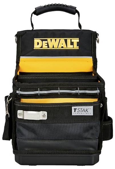 Sac à outils « DEWALT » avec plusieurs compartiments, poignée robuste et étiquette « T STAK », conçu pour organiser et transporter les outils.