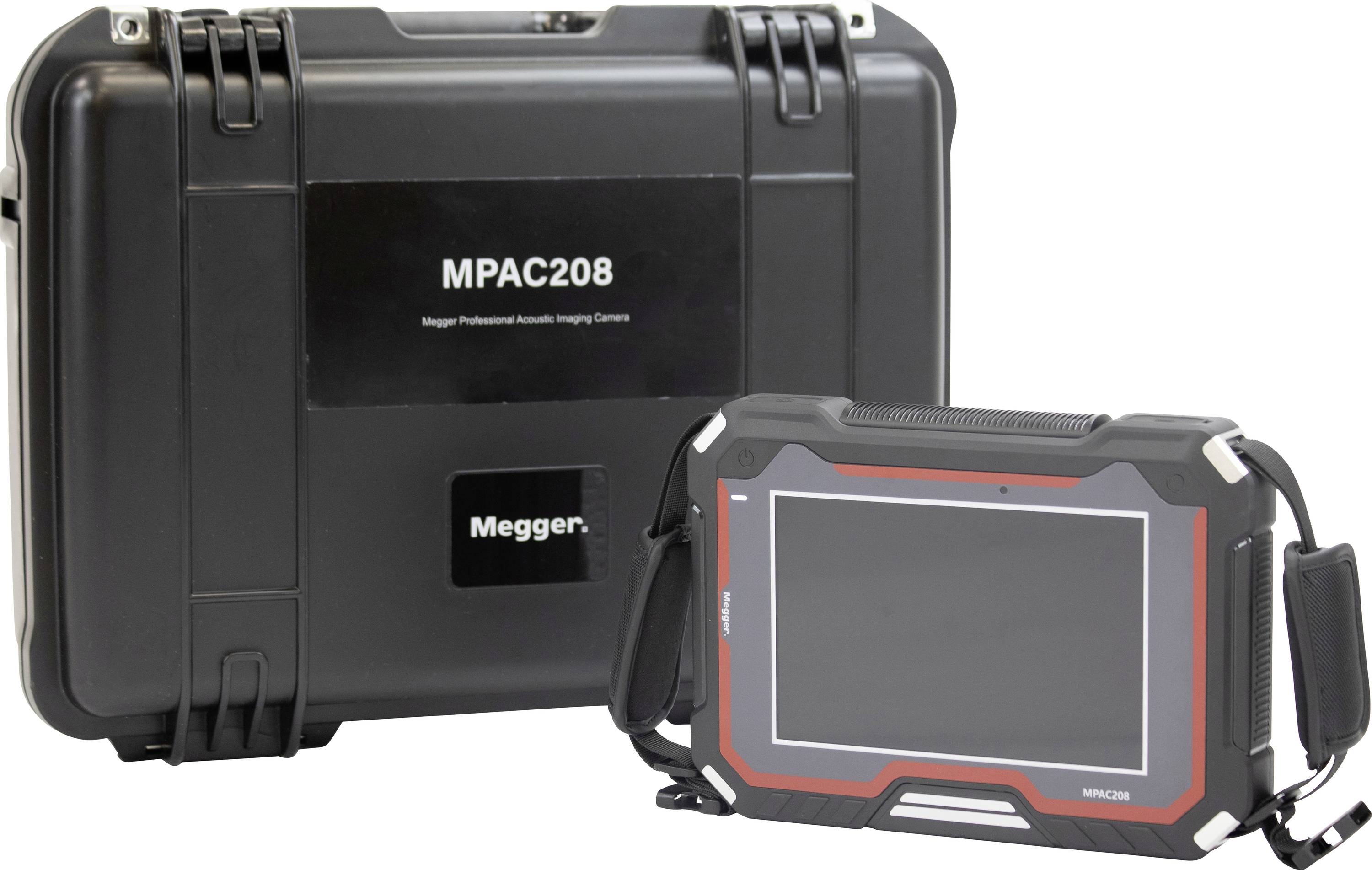 « Un Megger MPAC208, un dispositif de test avancé, se tient à côté de sa mallette de transport noire de protection, utilisé à des fins de diagnostic et de test. »