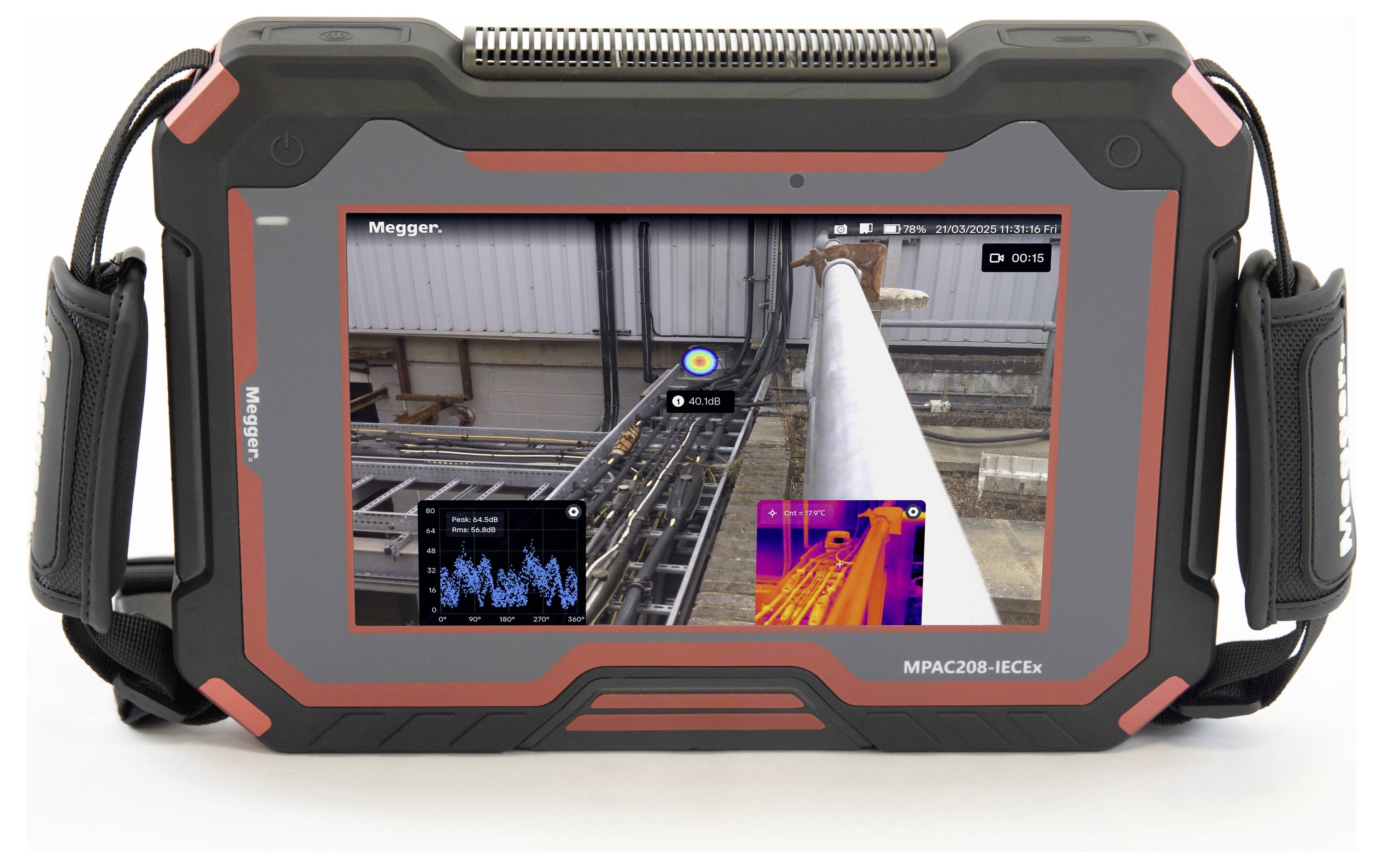 A rugged electronic device displaying thermal imaging and equipment diagnostics in an industrial setting, featuring a touchscreen interface.