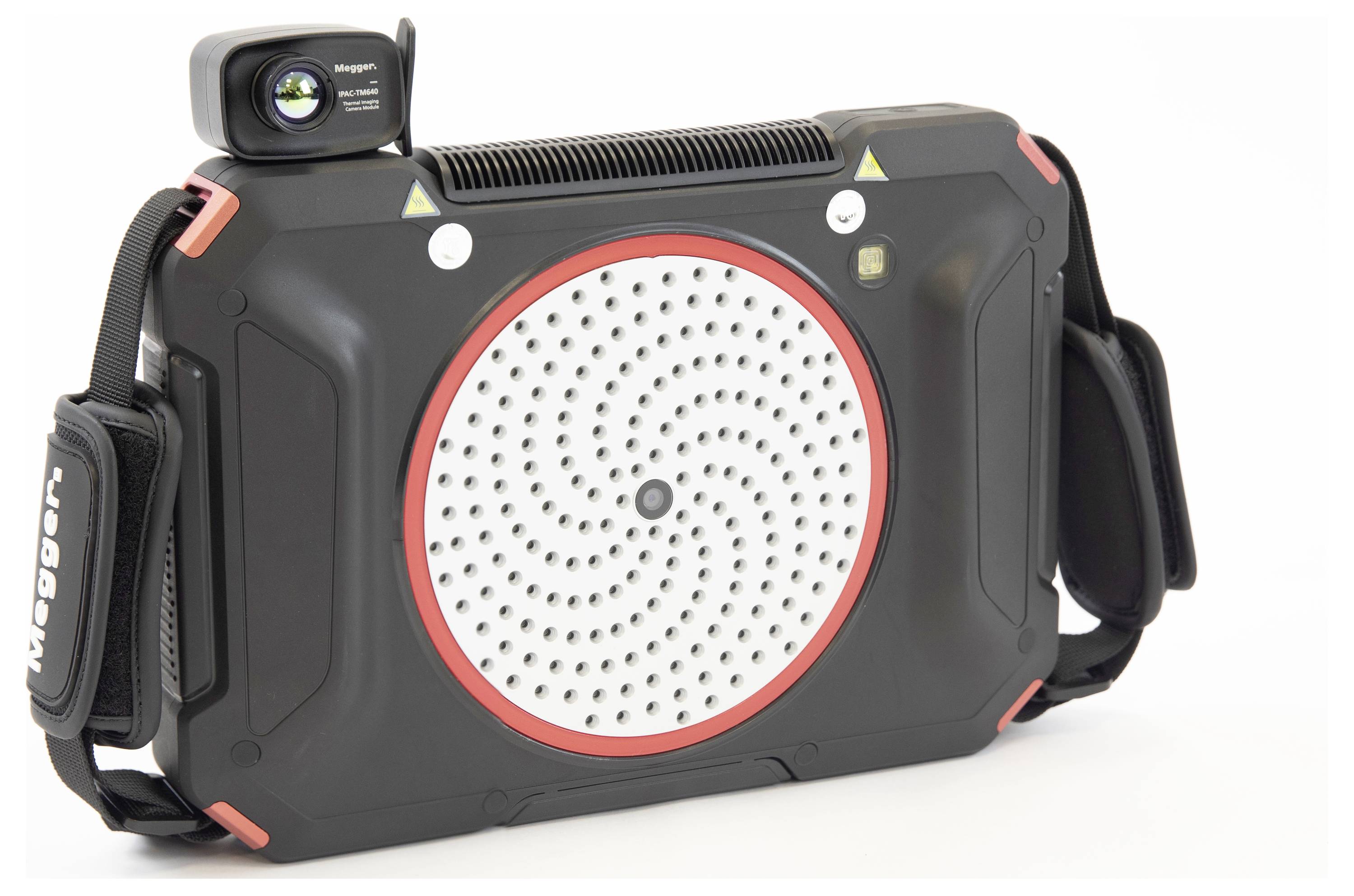 Un appareil noir et rouge avec un panneau frontal perforé circulaire et un petit accessoire de type caméra sur le dessus, probablement destiné au balayage.