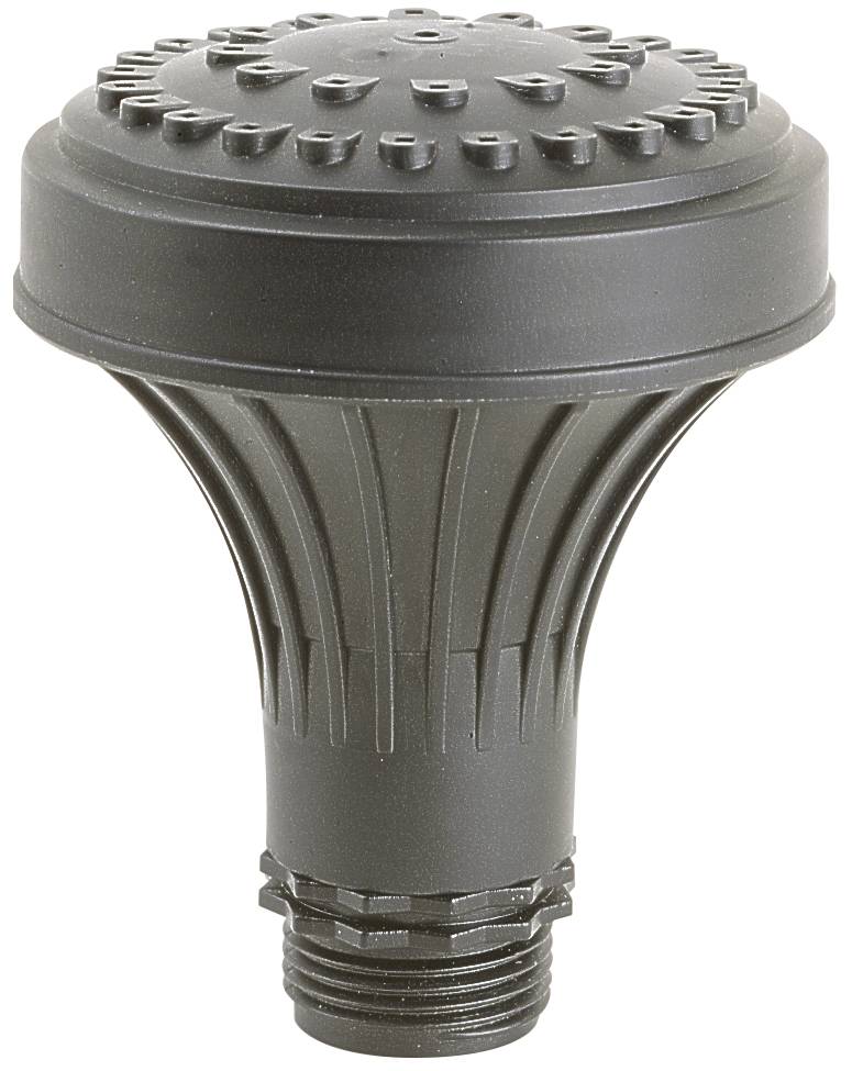 Black plastic threaded plumbing vent cap with a domed, ridged top and flared center body on a white background