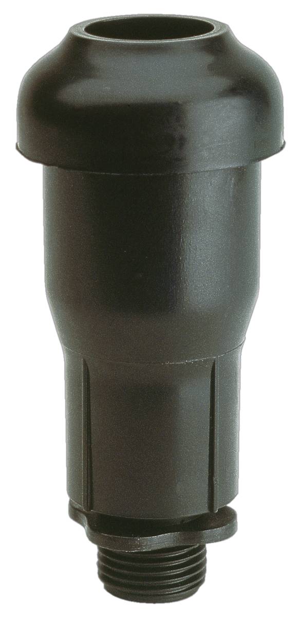 Black plastic threaded pipe fitting with a cylindrical body and wide top opening, shown on a white background.