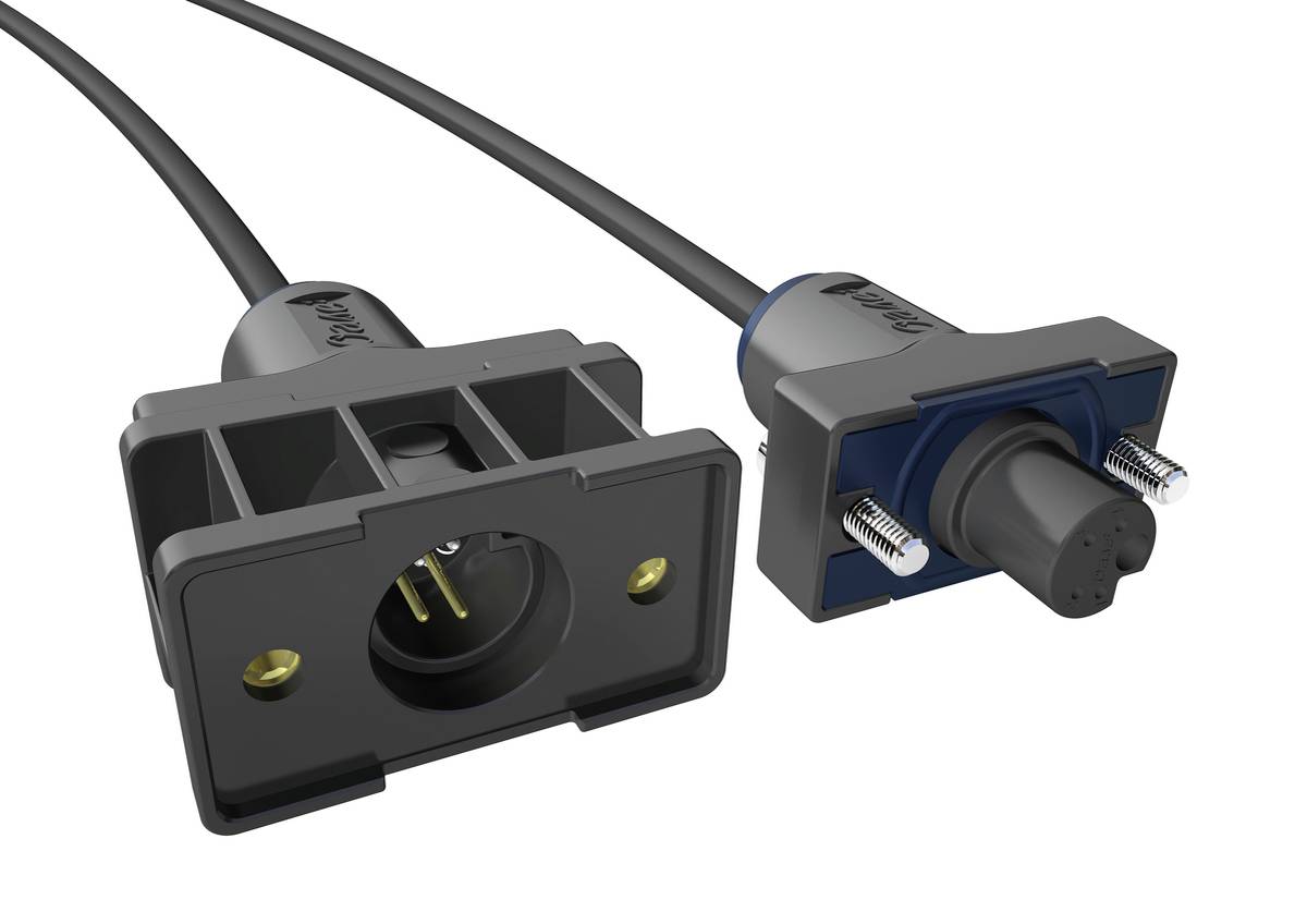 Two panel-mounted cable connectors with black housings and attached wires, shown side by side on a white background.