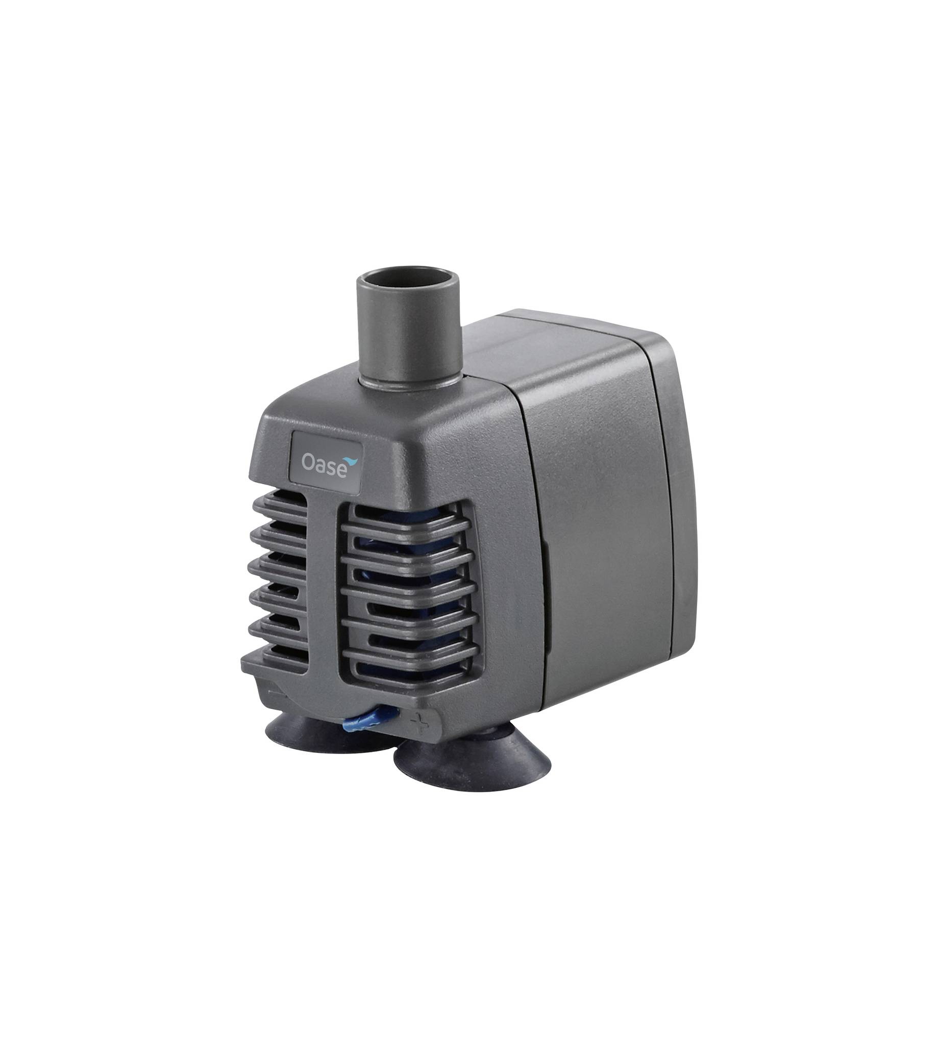 Black aquarium water pump with outlet nozzle and suction cups on a white background