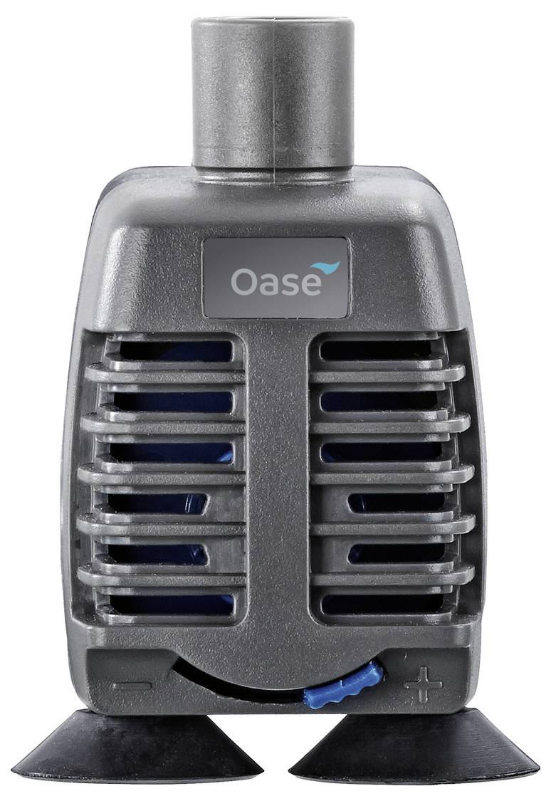 Compact Oase suction-cup pump with dual intake grilles, labeled 'Oase', shown front view on a white background.