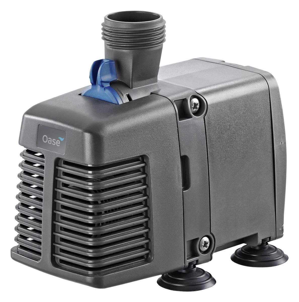 Compact black Oase pump with suction grille, top outlet and suction-cup feet, shown on a white background.