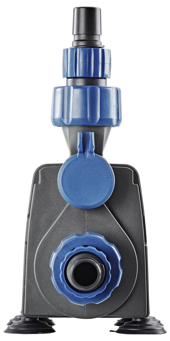 Blue and black water pump nozzle attachment with hose connector and suction feet, shown front view on a white background.