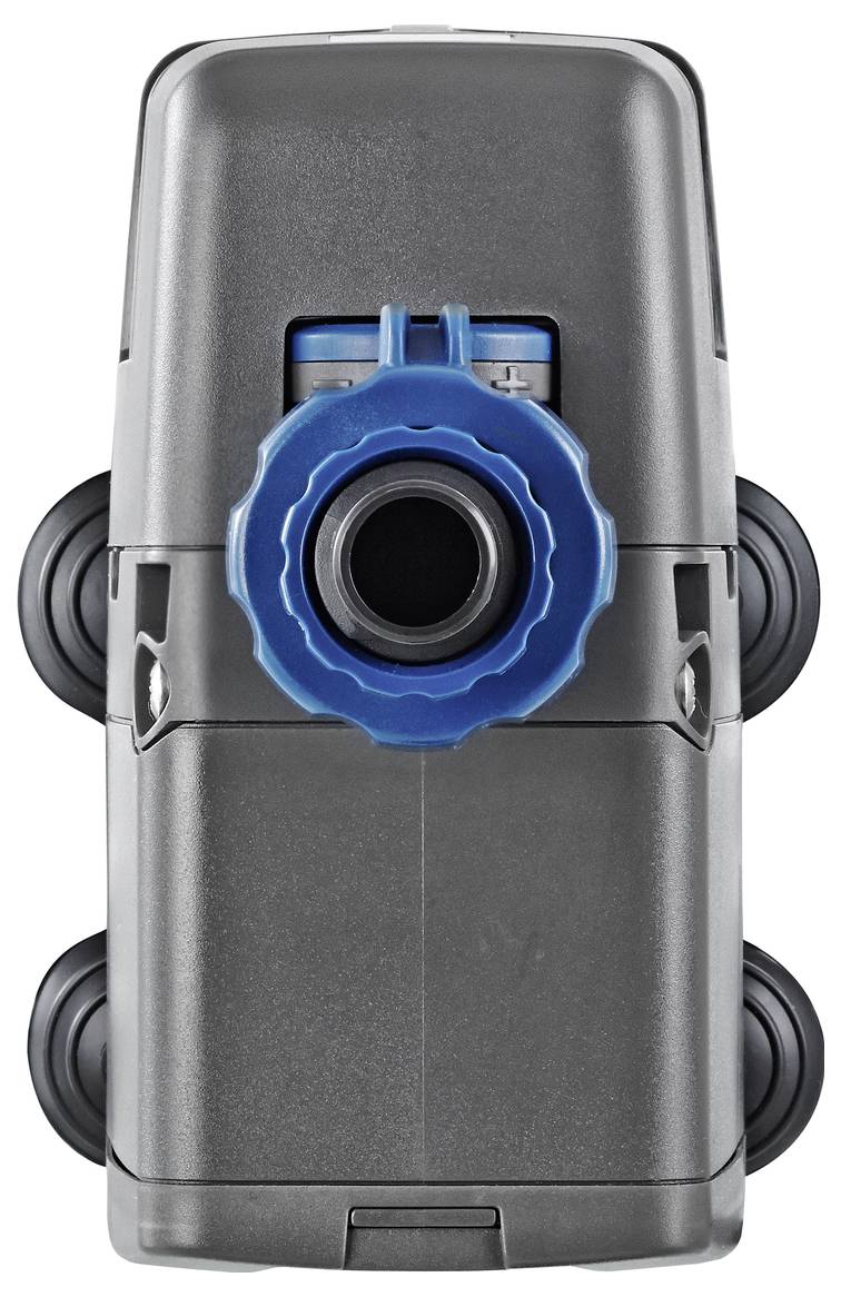 Gray mechanical device with a central blue adjustment knob and side rollers, shown front view on a white background.