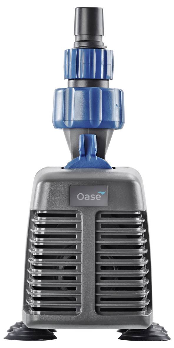Oase pond pump with blue and gray housing, front vent grille, and suction feet on a white background.
