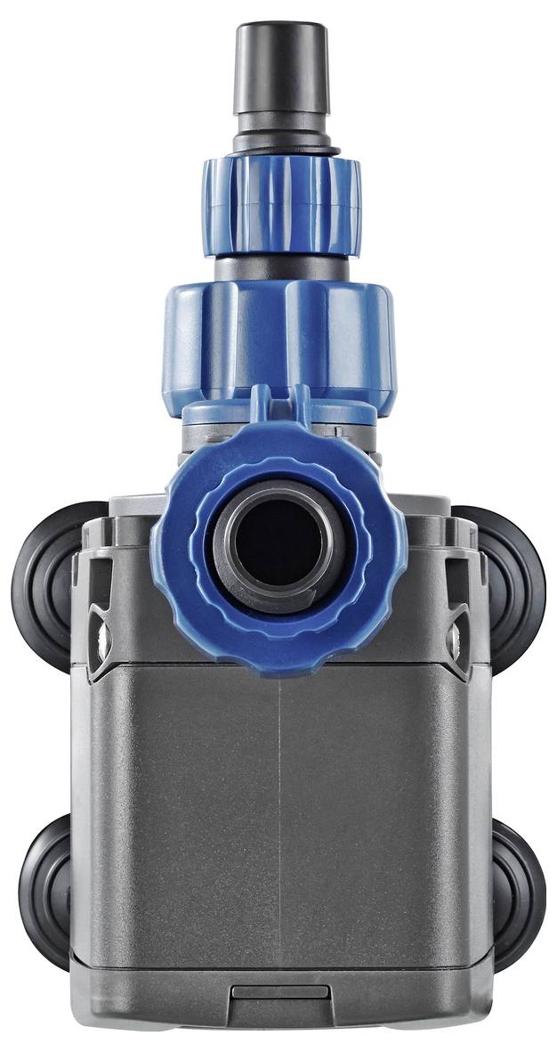Gray and blue plumbing valve or filter component with multiple side ports and a central front opening on a white background