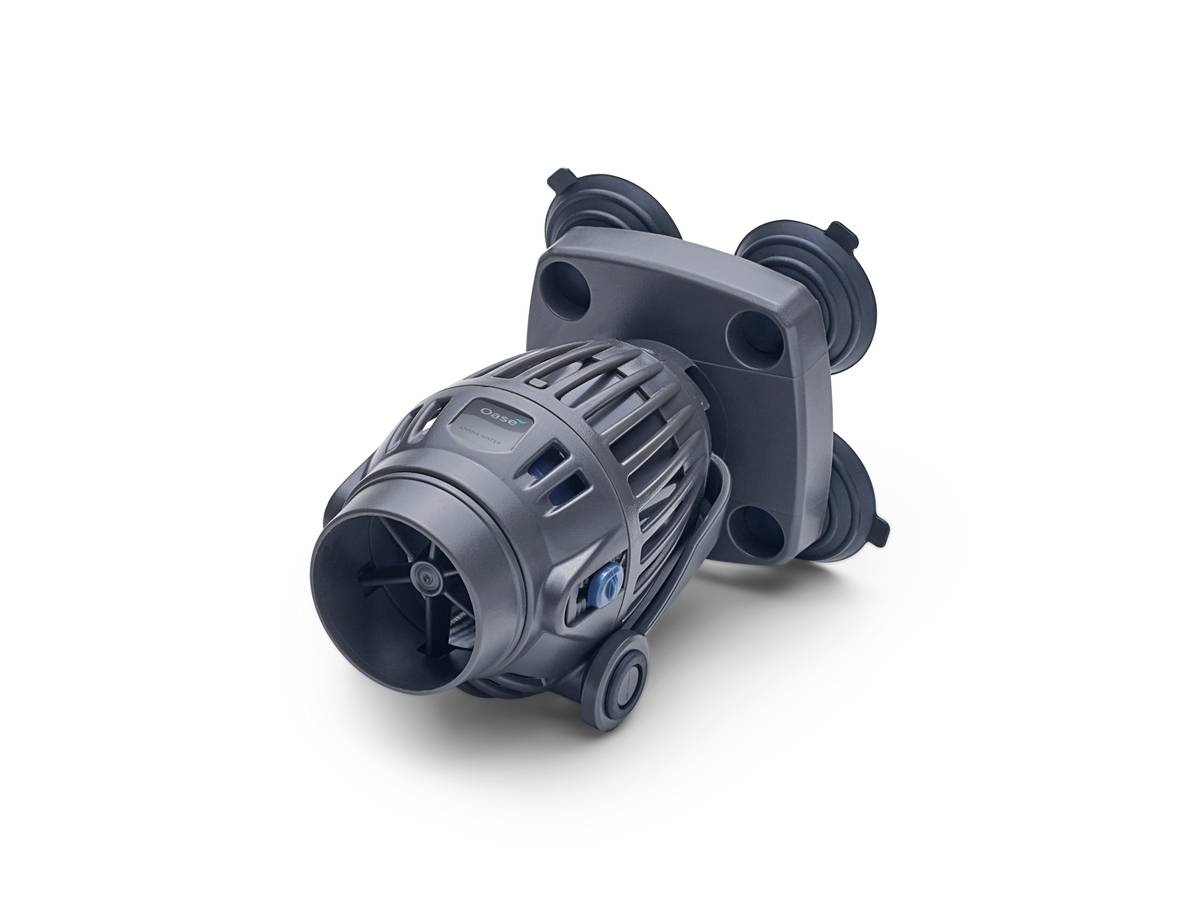 A compact black cylindrical water pump with a square mounting flange and side fittings, shown on a white background.