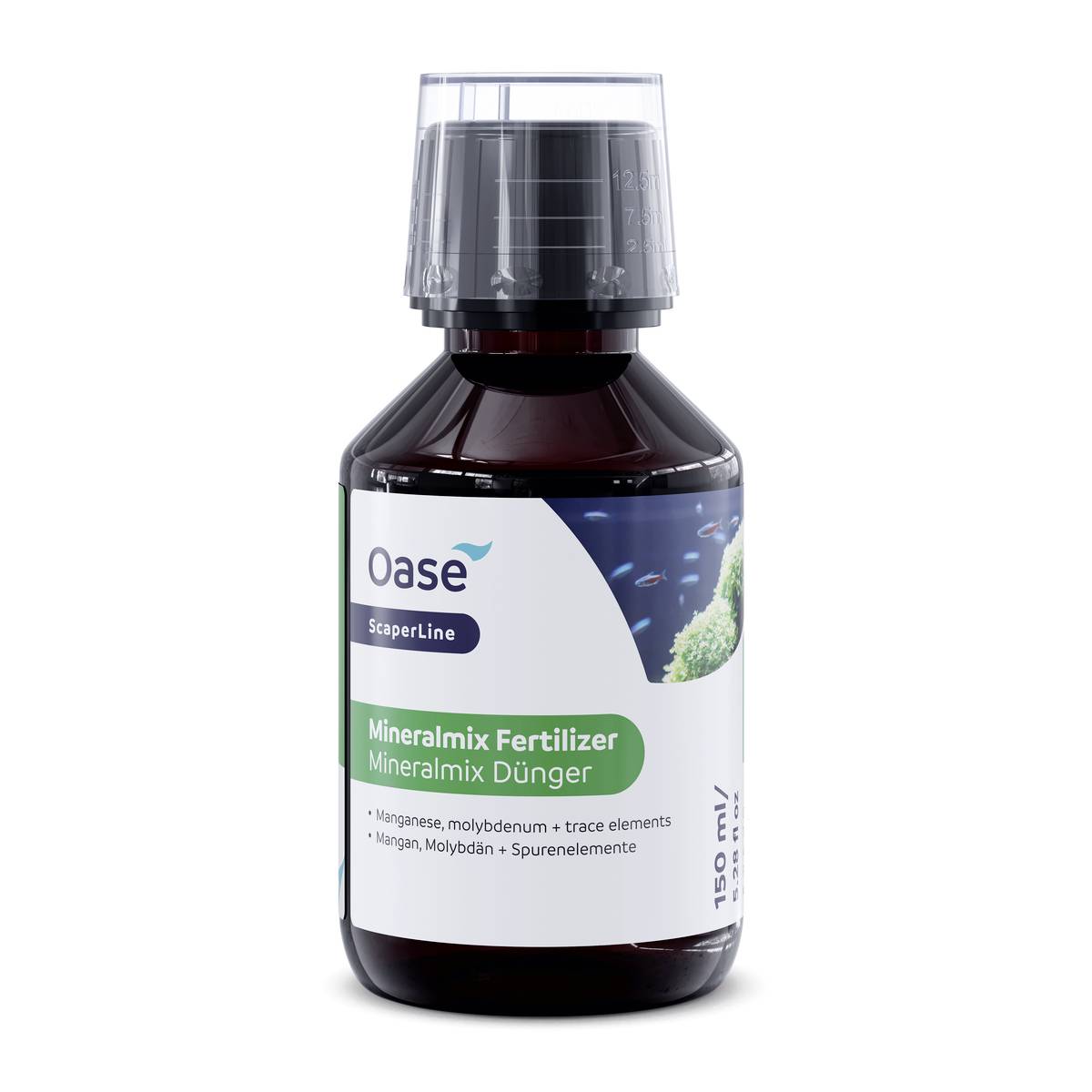 Bottle of Oase ScaperLine Mineralmix Fertilizer with a clear measuring cap, labeled for aquarium trace elements.
