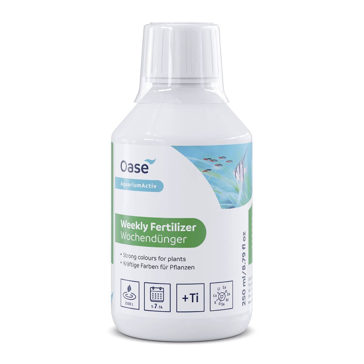 Bottle of Oase AquariumActiv weekly fertilizer for aquarium plants, labeled 'Weekly Fertilizer/Wochendünger' and 250 ml.