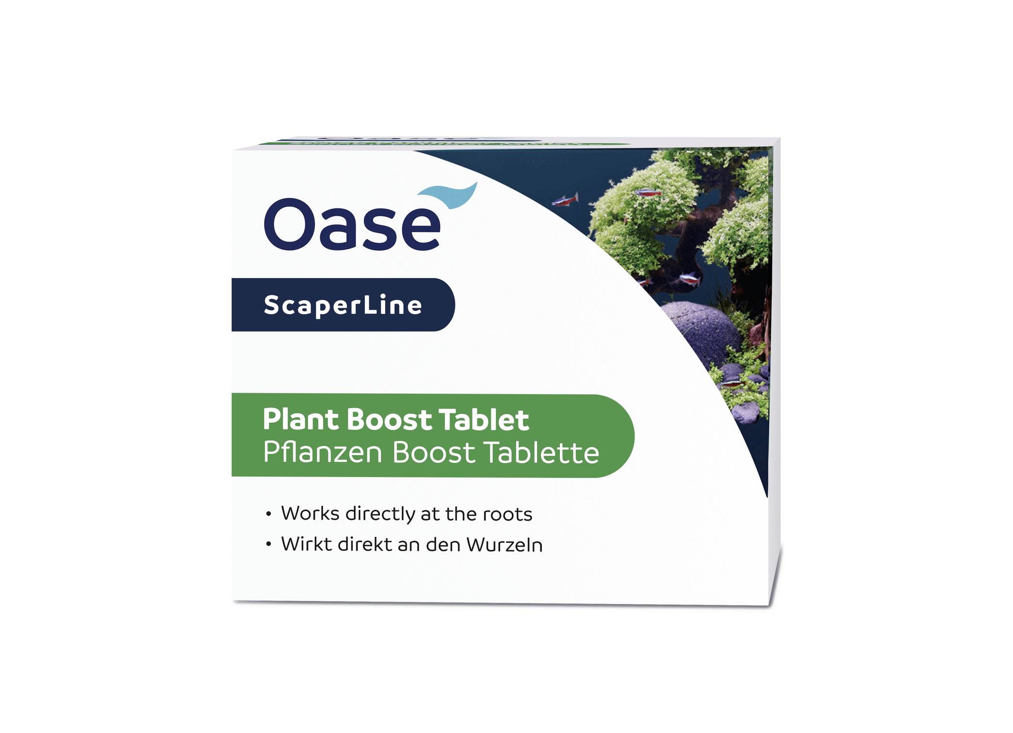 Box of Oase ScaperLine Plant Boost Tablet fertilizer, labeled 'Works directly at the roots' and 'Wirkt direkt an den Wurzeln'.