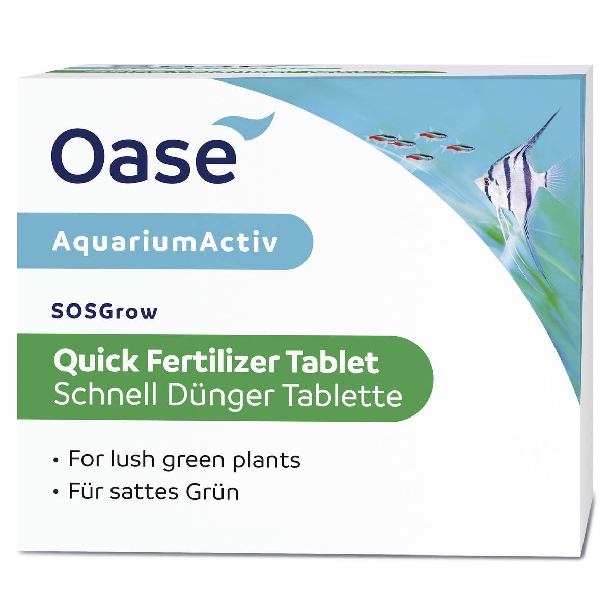 Packaging for Oase AquariumActiv SOSGrow Quick Fertilizer Tablet, with fish and plant imagery, labeled for lush green plants and 'Für sattes Grün'.