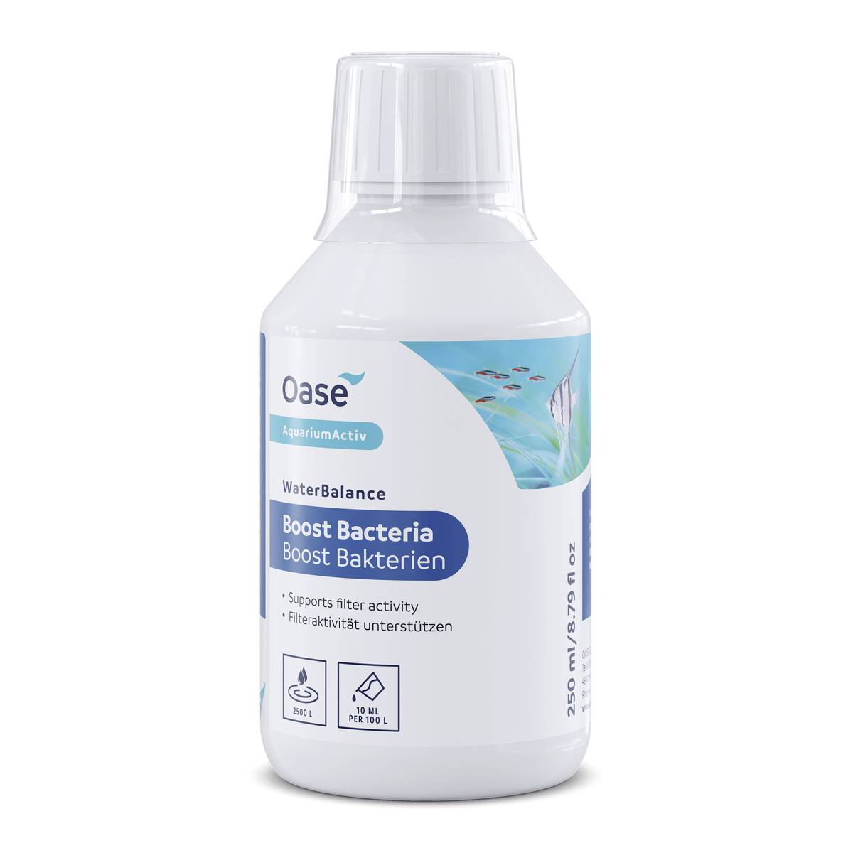 Bottle of Oase AquariumActiv WaterBalance 'Boost Bacteria' supplement for aquariums, with fish graphic and dosage icons on the label.