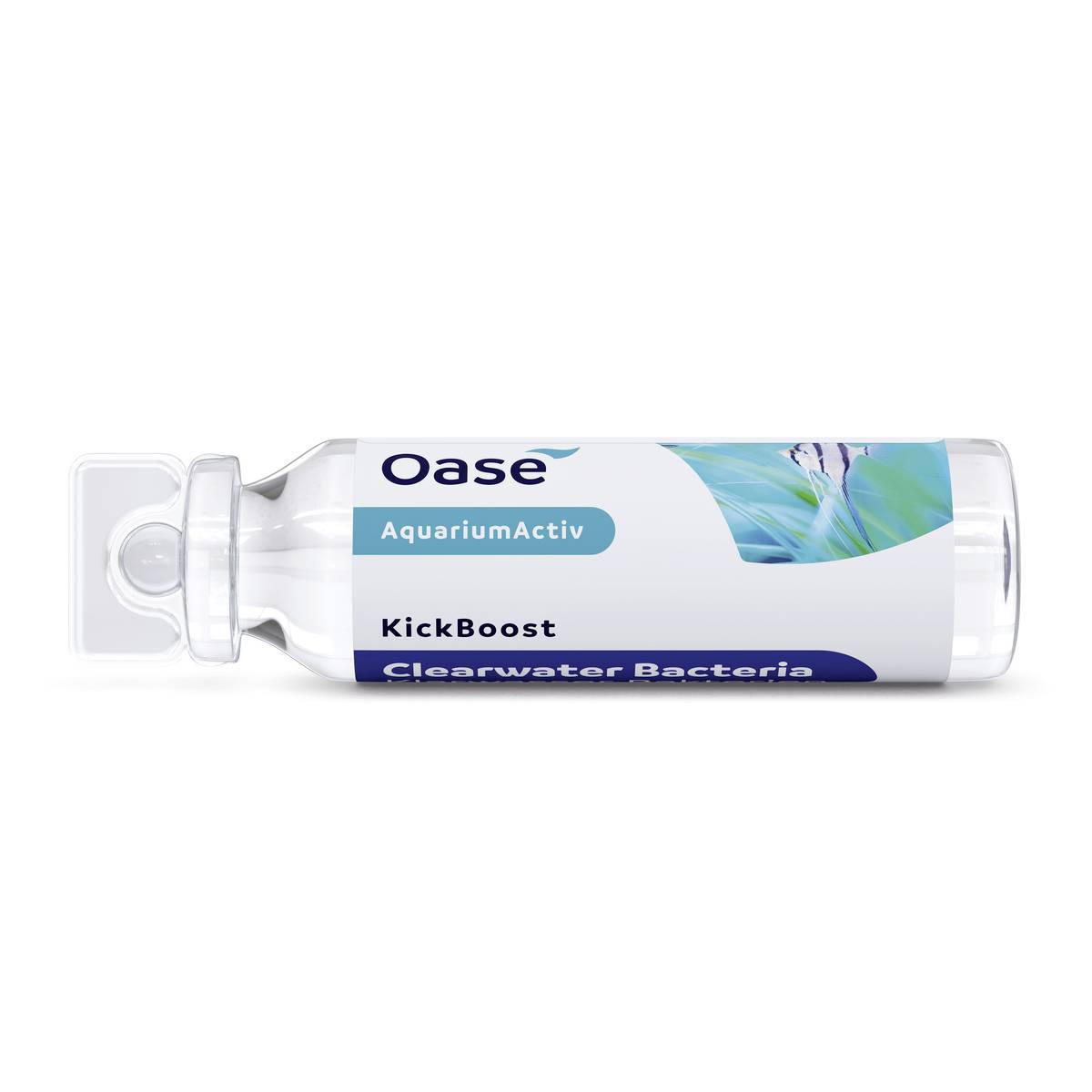 White Oase AquariumActiv KickBoost Clearwater Bacteria bottle lying on its side with a clear cap and blue label.